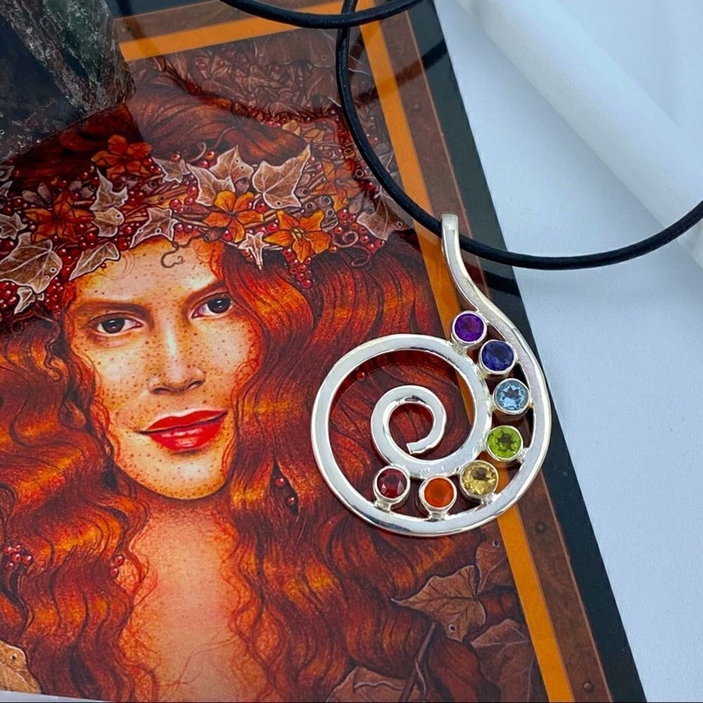 Chakra Spiral Of Life Gemstone Sterling Silver Pendant Necklace